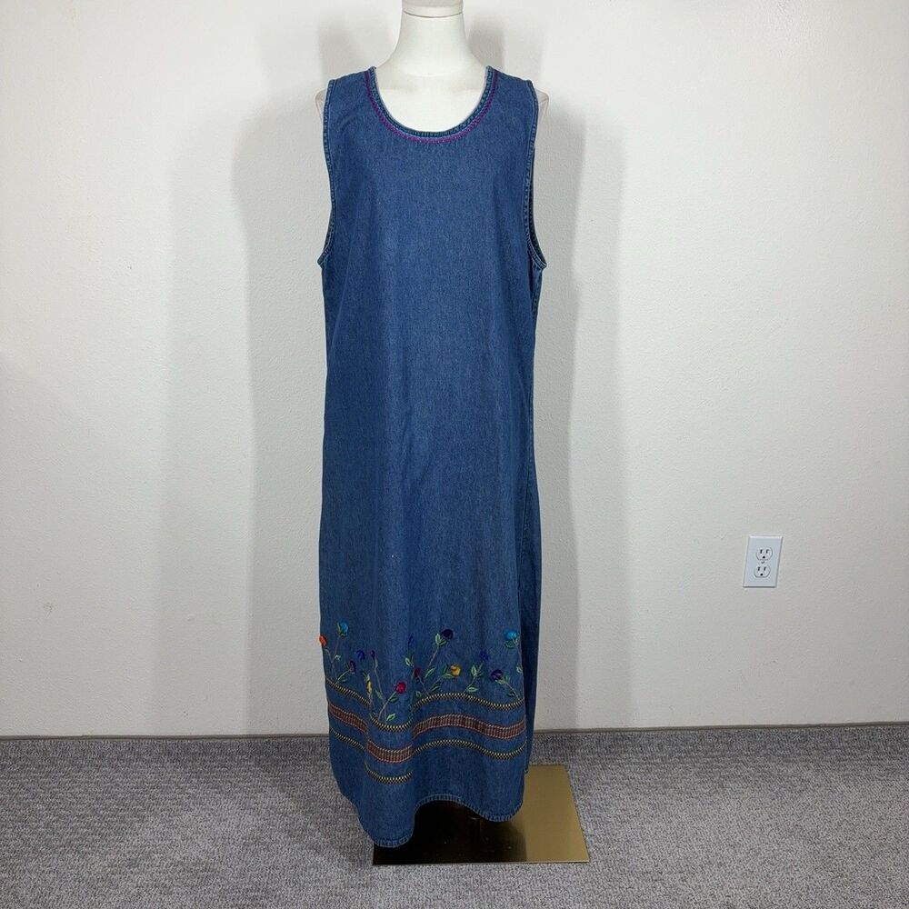 Vintage Sara Studio Dress Womens Medium Blue Denim Embroidered Boho Floral 90s
